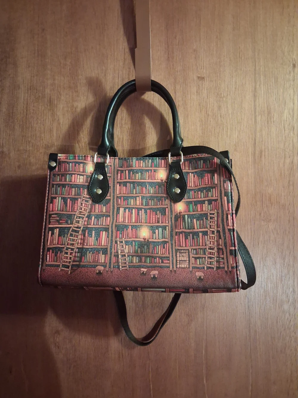 Library Print Satchel Handbag - Black Handles, Multicolor Bookcase Pattern